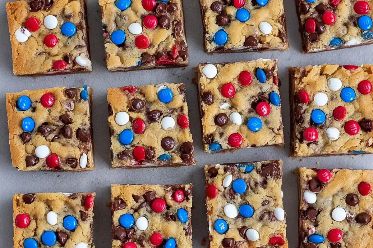 Chef Taha Ayad's Recipe 4th of July Cookie Bars with red white and blue M&M's