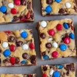4th of July cookie bars recipe with red white and blue M&M's and mini chocolate chips
