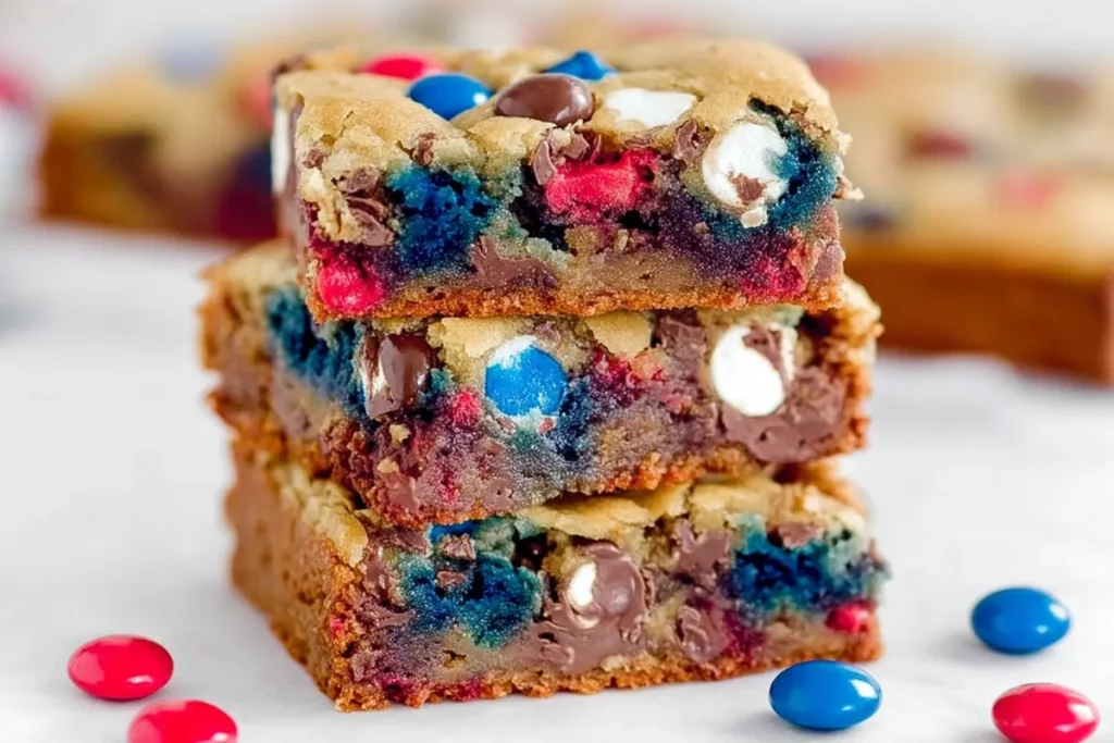 4th of July Cookie Bars That Feed a Crowd Without Fuss 12 Stacked 4th of July cookie bars showing soft centers with chocolate chips and red white and blue M&M's