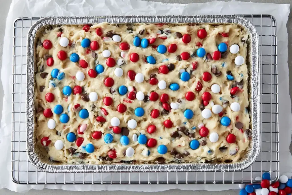 4th of July Cookie Bars That Feed a Crowd Without Fuss 9 Unbaked 4th of July cookie bars pressed into a foil lined pan with M&M's and mini chocolate chips