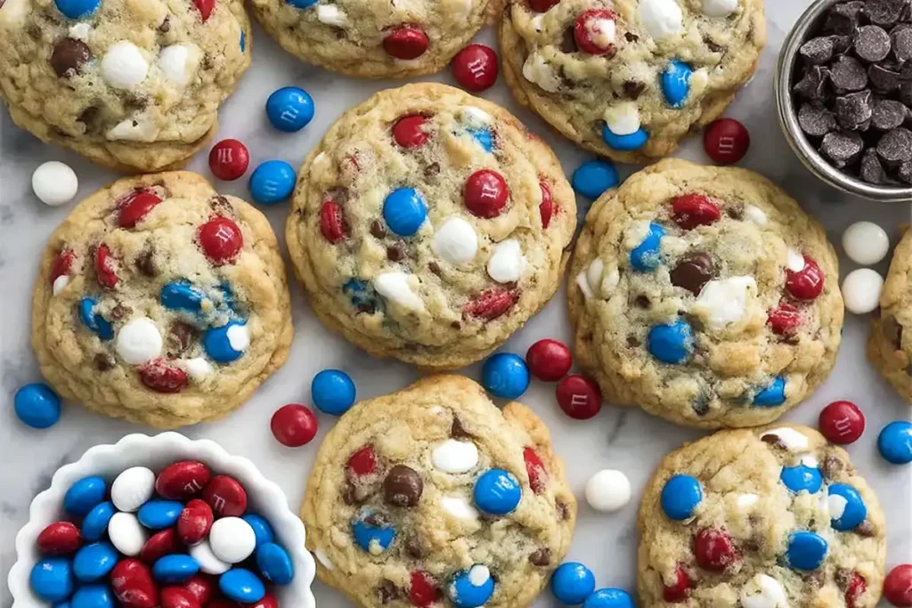 4th of July monster cookies on parchment with patriotic M&Ms and chocolate chips