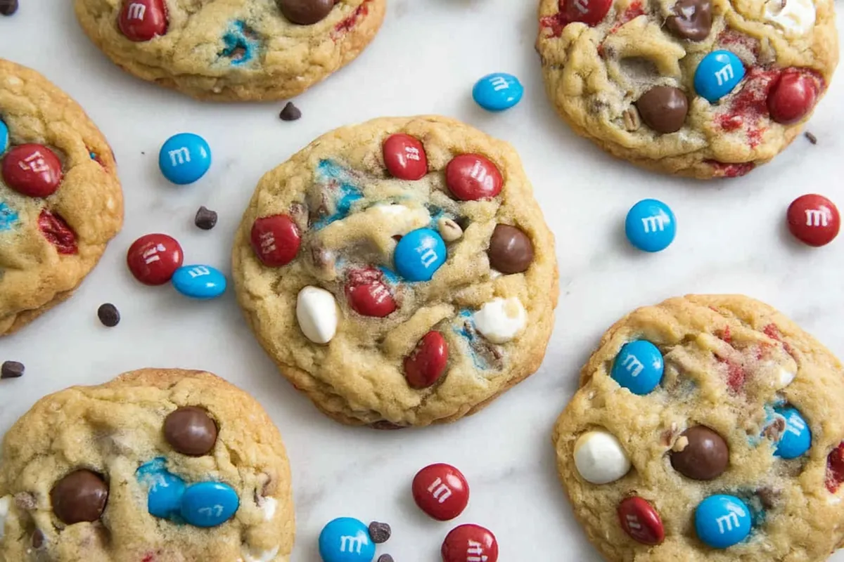 Chef Taha Ayad's Recipe 4th of July Monster Cookies with red white and blue M&Ms and chocolate chips