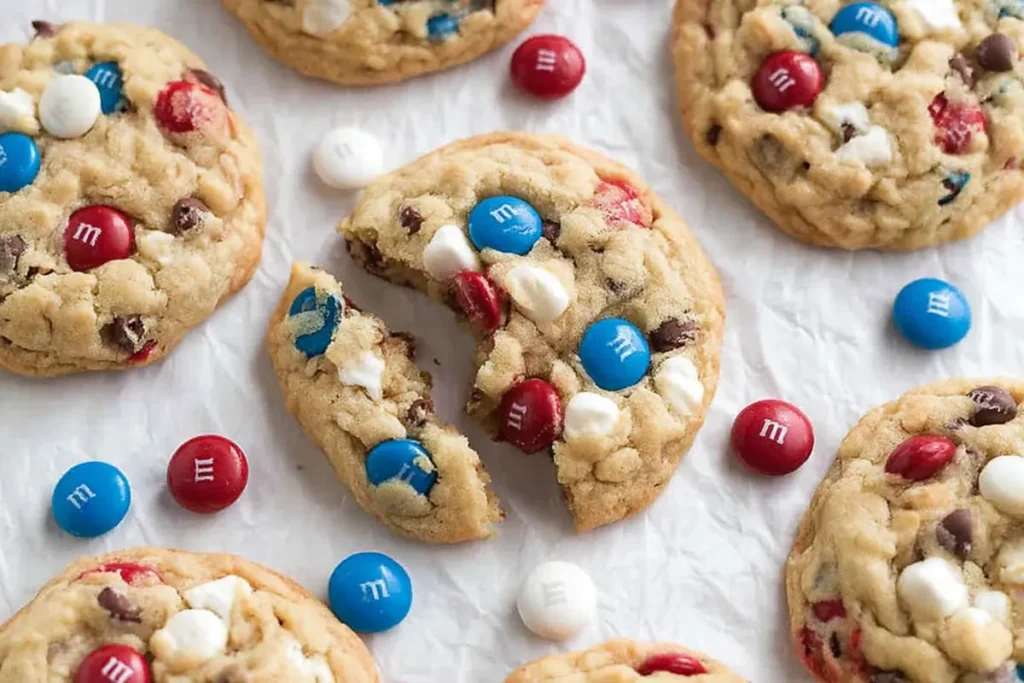 4th of July monster cookies showing a soft chewy center with melted chocolate and patriotic M&Ms