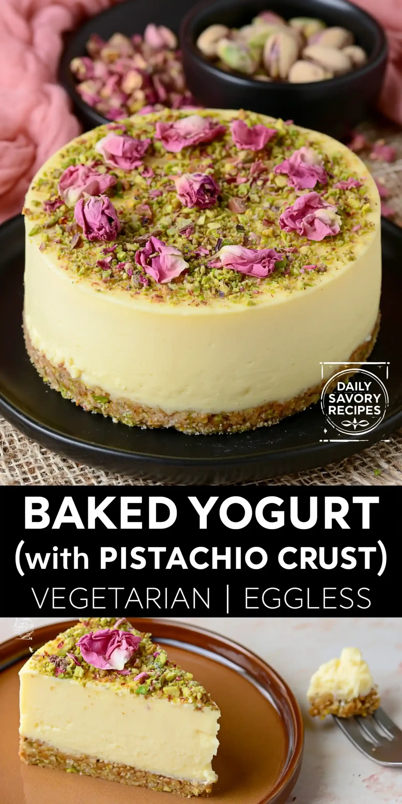 Baked Yogurt Pistachio Crust recipe with saffron yogurt filling, pistachio biscuit base, and rose petal garnish