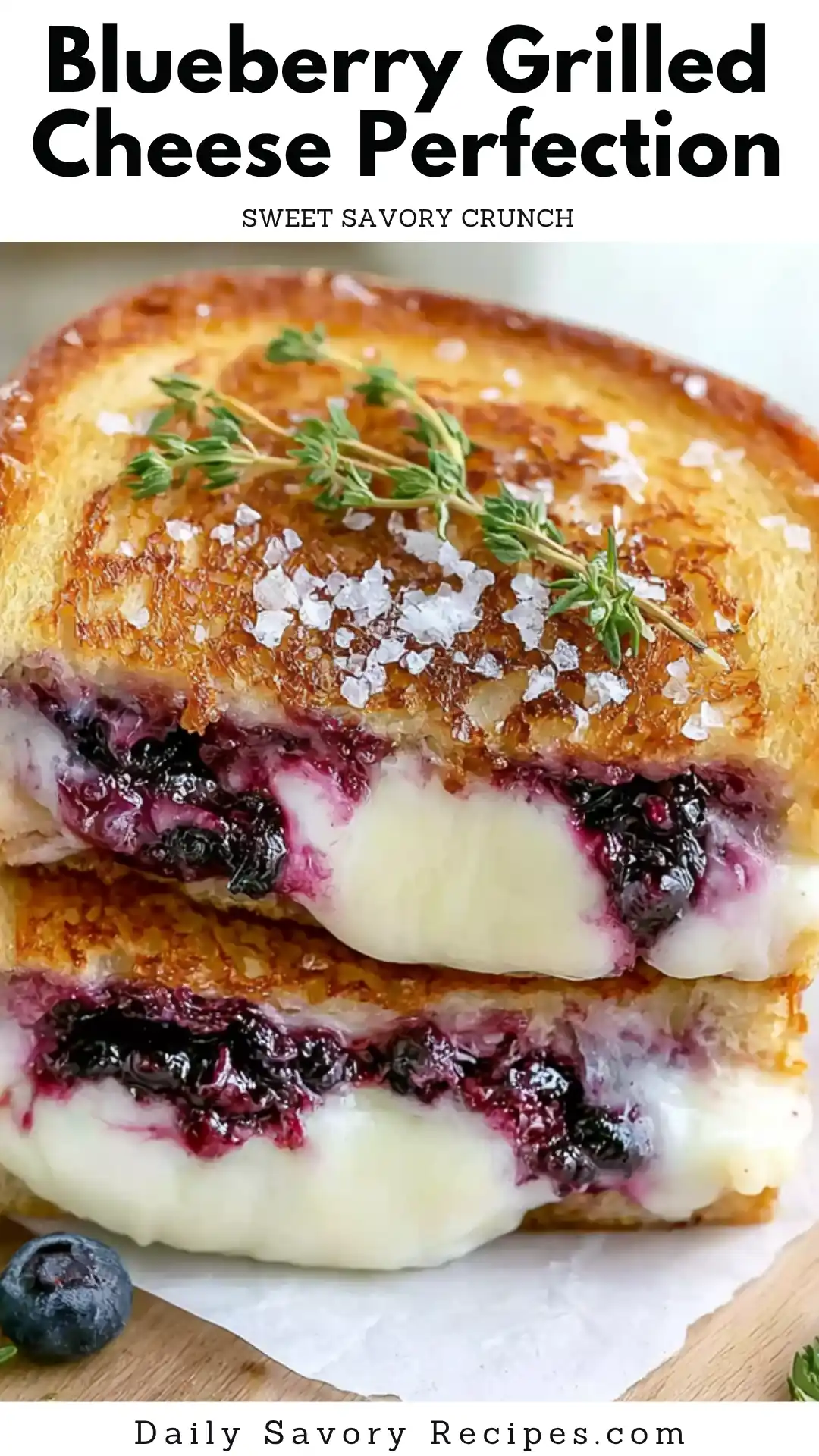 Blueberry Grilled Cheese recipe with lemon thyme jam and melted cheddar on golden toasted bread