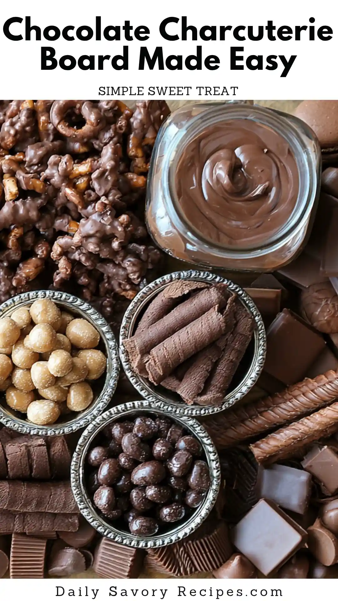 Chocolate Charcuterie Board recipe with assorted chocolates, cookies, wafer rolls, donuts, almonds, and chocolate spread arranged on a rustic board
