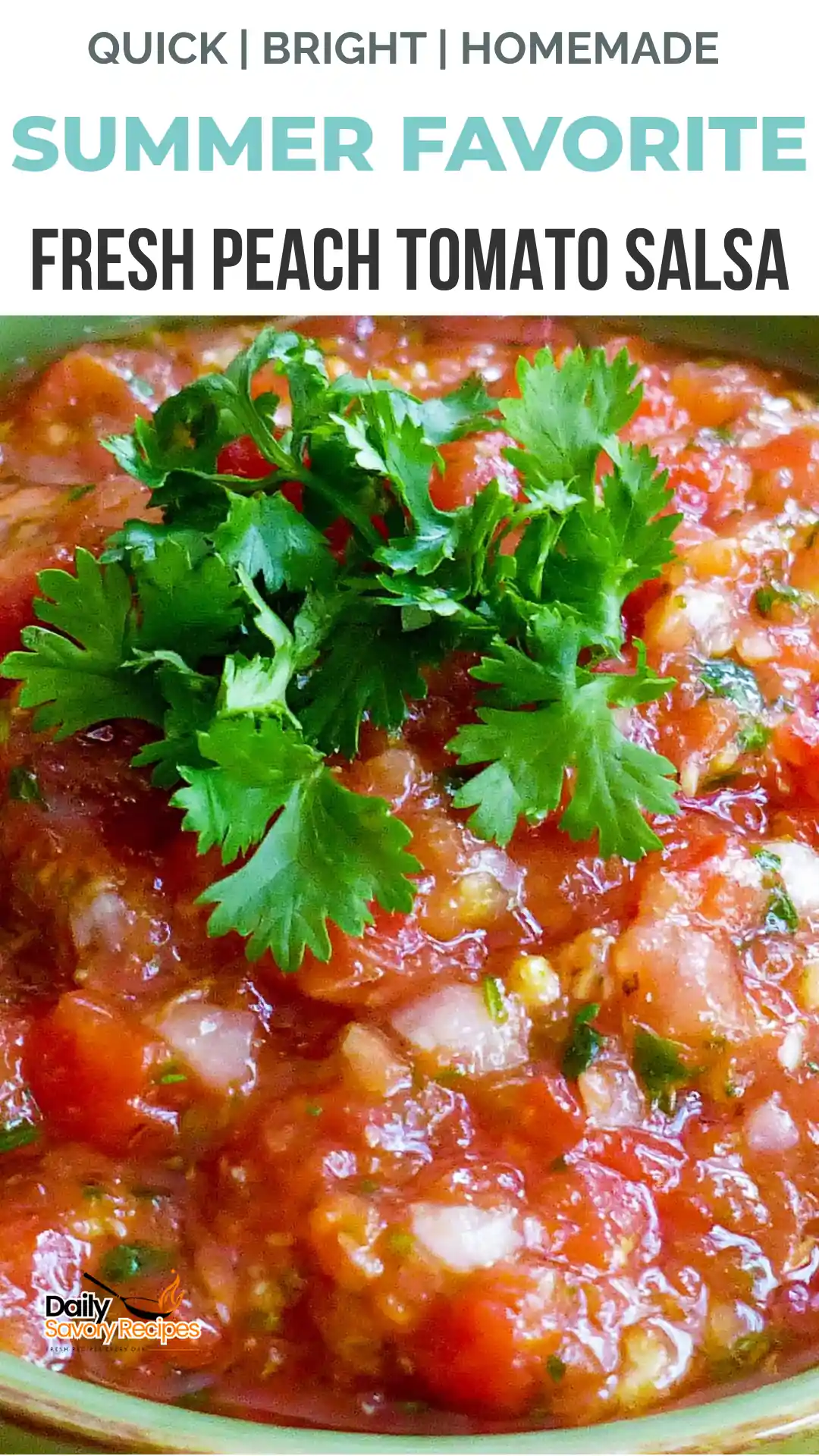 Fresh Peach Tomato Salsa with a Bright Tangy Finish 6 Fresh Peach Tomato Salsa recipe served with tortilla chips in a green bowl
