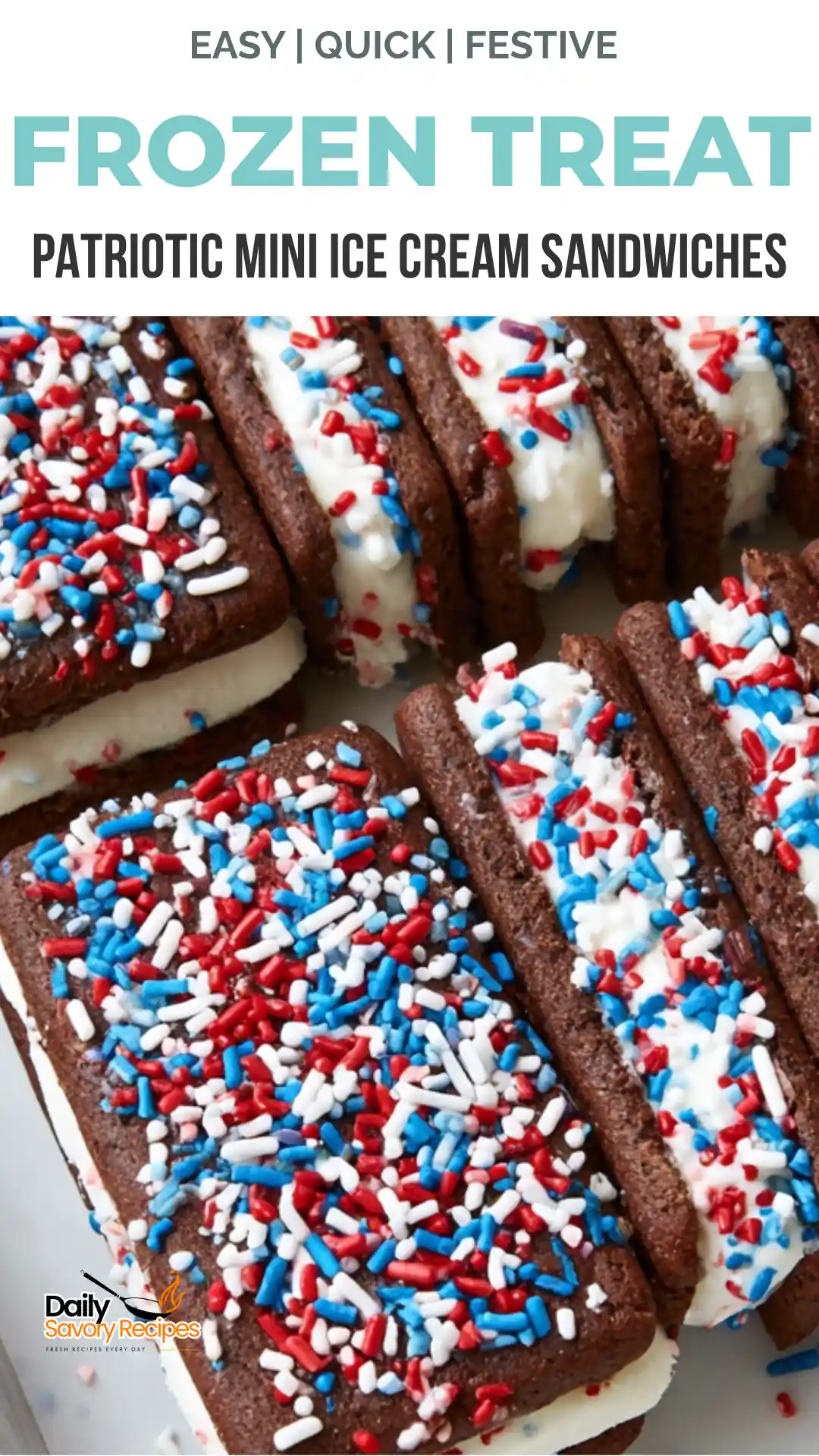 Patriotic Mini Ice Cream Sandwiches for Easy Summer Celebrations 4 Patriotic mini ice cream sandwiches recipe with chocolate wafers, vanilla ice cream, and red white and blue sprinkles