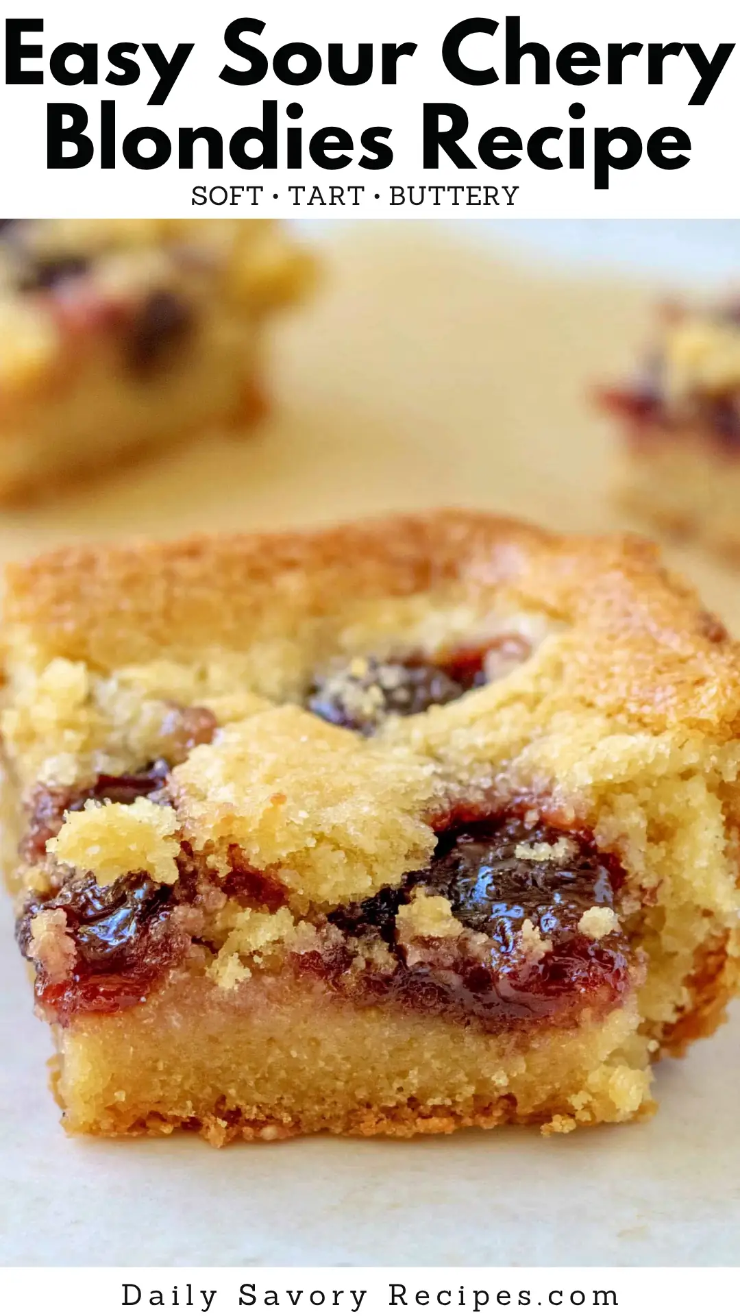 Sour Cherry Blondies recipe with golden blondie squares and tart cherry filling