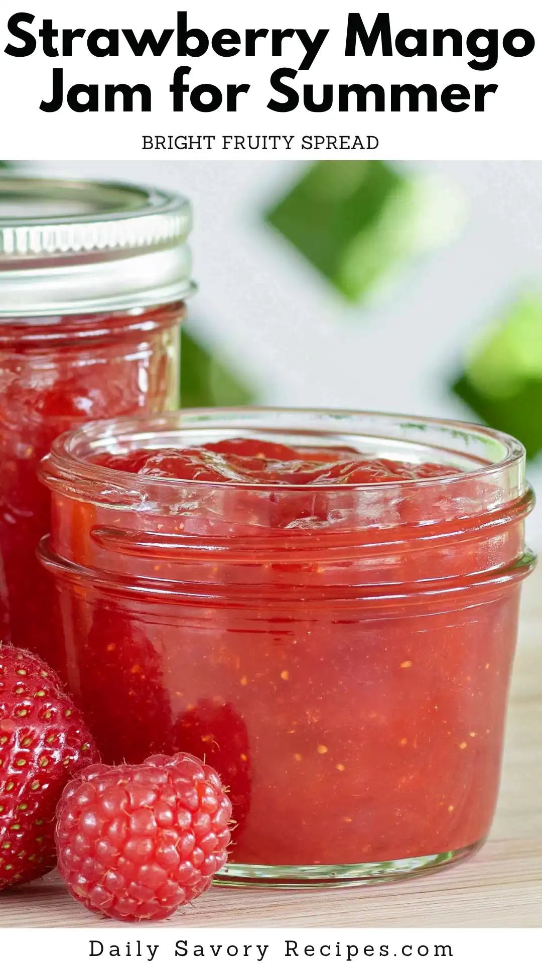 Strawberry Mango Jam recipe with jars of red fruit jam, fresh mango, and strawberries