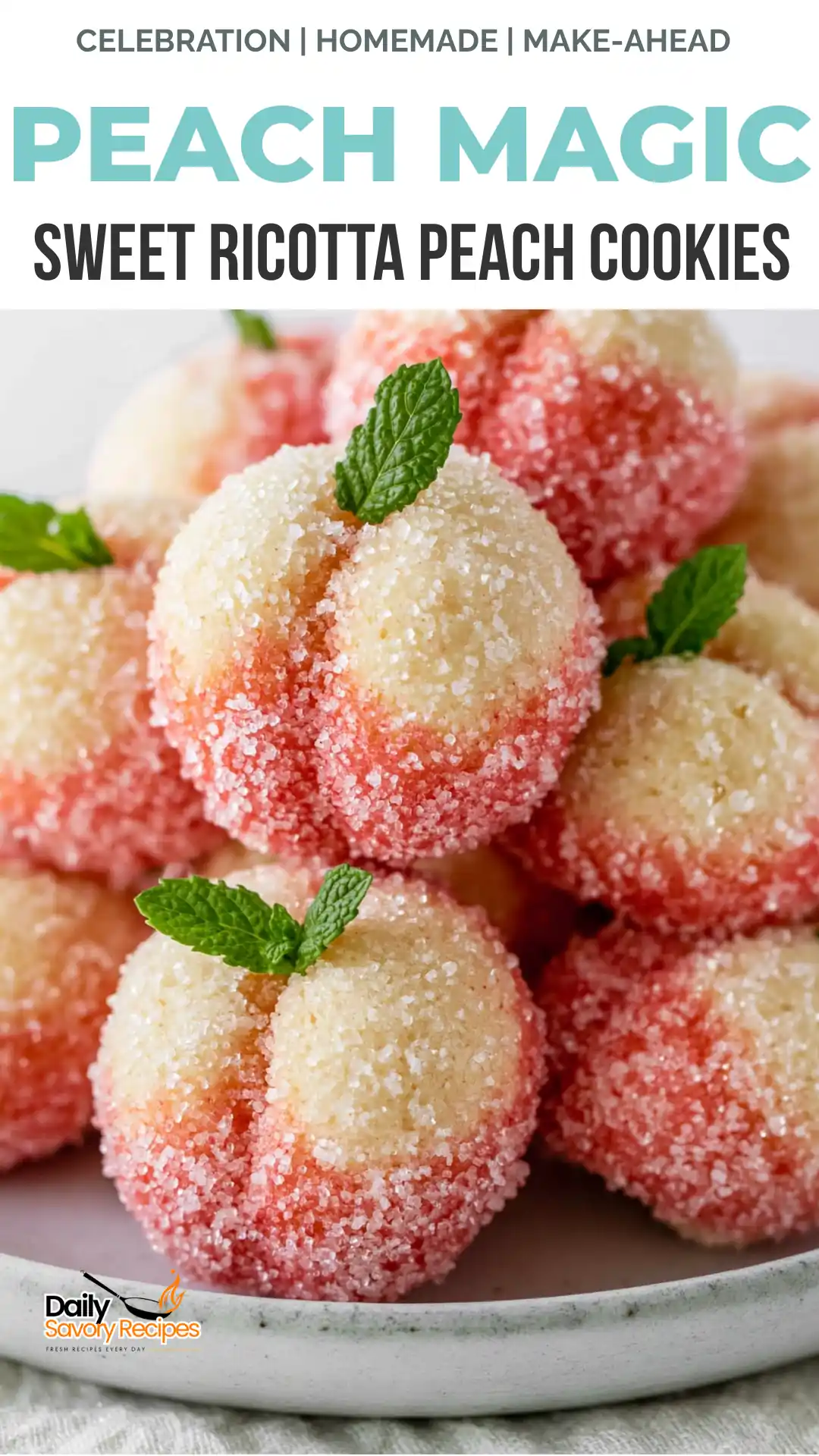 Sweet Ricotta Peach Cookies (Pesche Dolci) with Citrus Ricotta Filling 14 Sweet Ricotta Peach Cookies recipe with citrus ricotta filling sugar coating and mint leaves