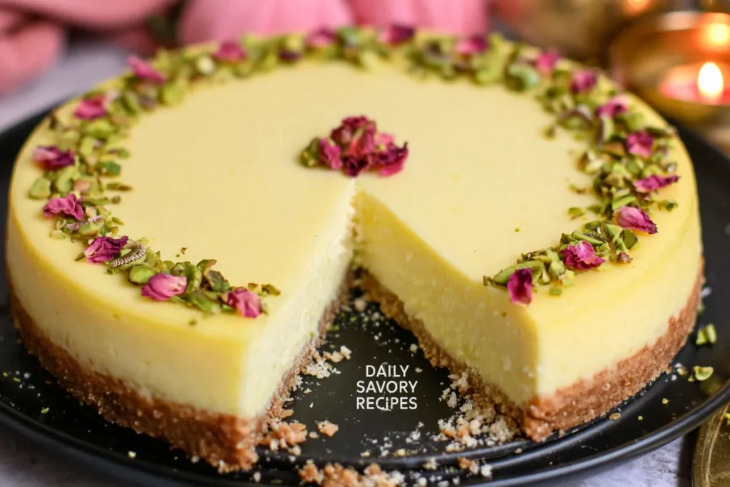 Baked Yogurt Pistachio Crust with Saffron and a Creamy Indian-Style Finish 28 Baked Yogurt Pistachio Crust with one slice removed showing the chilled filling and nutty base