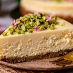 Chef Taha Ayad's Recipe Baked Yogurt Pistachio Crust with saffron and pistachio garnish