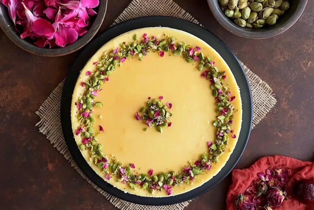 Baked Yogurt Pistachio Crust with Saffron and a Creamy Indian-Style Finish 16 Baked Yogurt Pistachio Crust finished with saffron filling, chopped pistachios, and dried rose petals