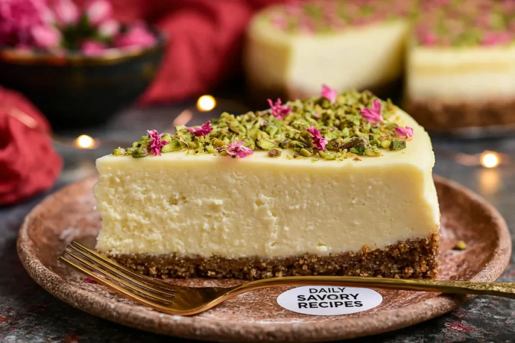 Baked Yogurt Pistachio Crust with Saffron and a Creamy Indian-Style Finish 27 Baked Yogurt Pistachio Crust slice showing creamy saffron filling and nutty biscuit base