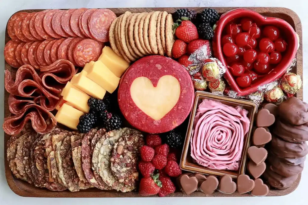 Balanced Valentine Charcuterie Board with sliced cheese cured meats berries crackers chocolate and rosemary