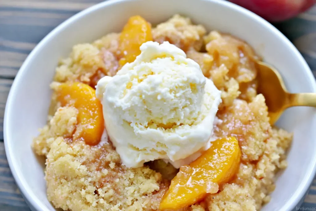 Best Peach Cobbler served warm with vanilla ice cream in a white bowl