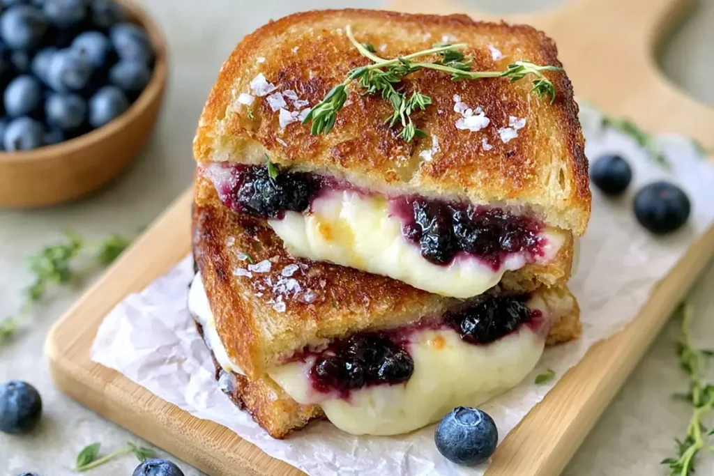 Blueberry Grilled Cheese With Lemon Thyme Jam 5 Blueberry Grilled Cheese with melted white cheddar mozzarella and blueberry lemon thyme jam on crisp toasted bread