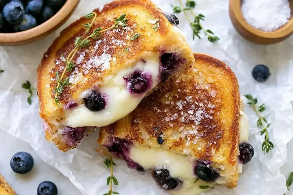 Blueberry Grilled Cheese With Lemon Thyme Jam 6 Blueberry Grilled Cheese served with thyme blueberries and a light salad for a sweet savory brunch