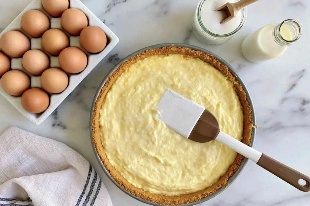 Cheesecake batter spread into graham cracker crust for The Girl Inspired Peach Cobbler Cheesecake