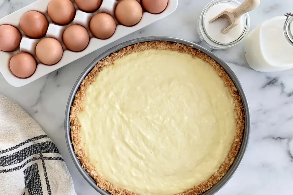 The Girl Inspired Peach Cobbler Cheesecake baking in a foil wrapped springform pan water bath