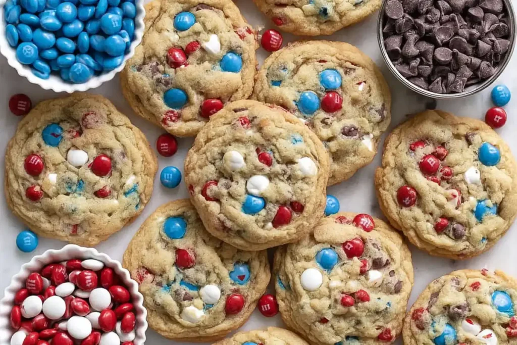Chewy 4th of July monster cookies with rippled tops chocolate chips and patriotic M&Ms