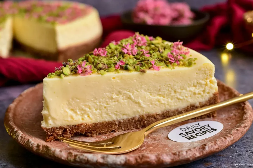 Baked Yogurt Pistachio Crust with Saffron and a Creamy Indian-Style Finish 26 Chilled Baked Yogurt Pistachio Crust slice served with pistachio and rose petal garnish