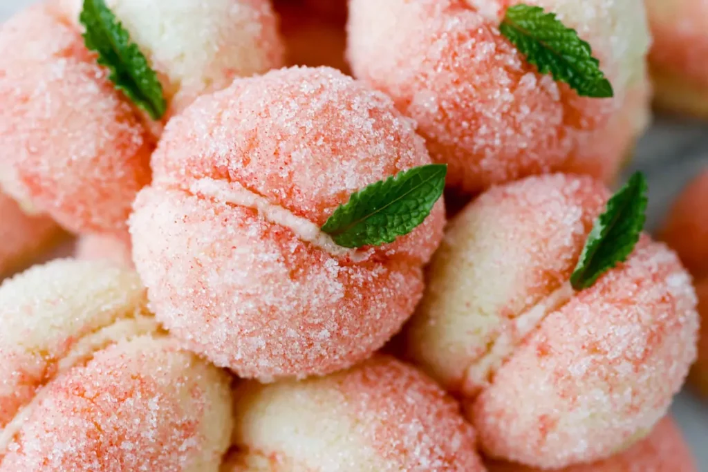 Sweet Ricotta Peach Cookies (Pesche Dolci) with Citrus Ricotta Filling 23 Chilled Sweet Ricotta Peach Cookies resting on a white cloth before serving