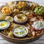 Chef Taha Ayad's Recipe Chip and Dip Platter with creamy dips, corn salsa, guacamole, hummus, and assorted chips