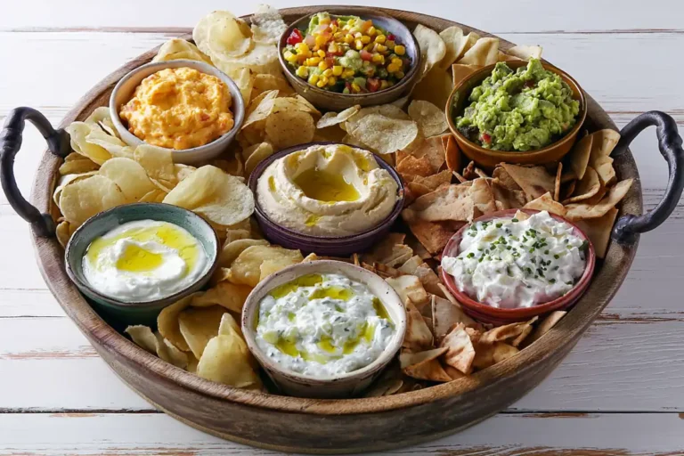 Chef Taha Ayad's Recipe Chip and Dip Platter with creamy dips, corn salsa, guacamole, hummus, and assorted chips