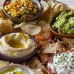 Chip and Dip Platter recipe with creamy dips, fresh corn salsa, guacamole, hummus, and crunchy chips for a party appetizer