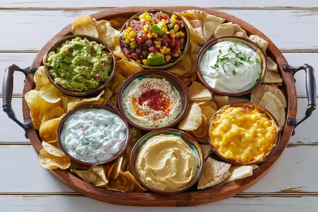 Chip and Dip Platter for Easy Gatherings and Game Nights 4 Chip and Dip Platter serving arrangement with creamy dips, corn salsa, guacamole, hummus, and assorted chips