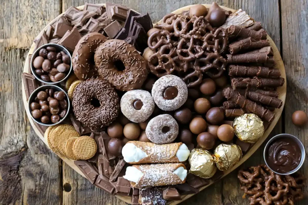 Chocolate Charcuterie Board with balanced colors, textures, chocolates, cookies, donuts, and wafers