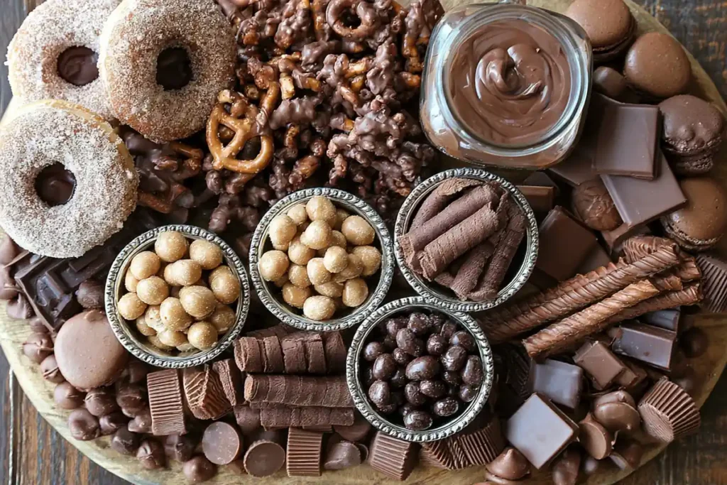 Chocolate Charcuterie Board close-up with macarons, chocolate cookies, wafer rolls, and almonds