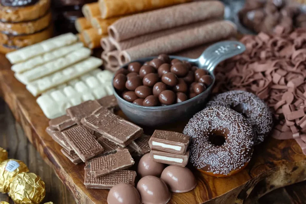 Chocolate Charcuterie Board with small containers, wafer cookies, chocolate candies, and rolled wafers