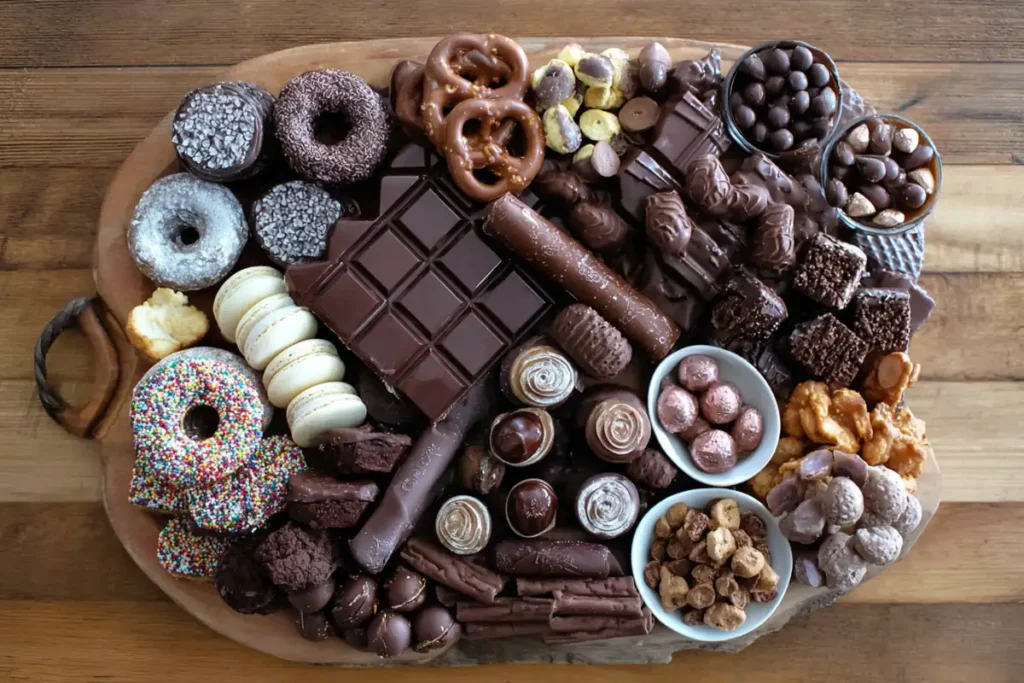 Chocolate Charcuterie Board layout with chocolates, cookies, donuts, wafer rolls, and almonds
