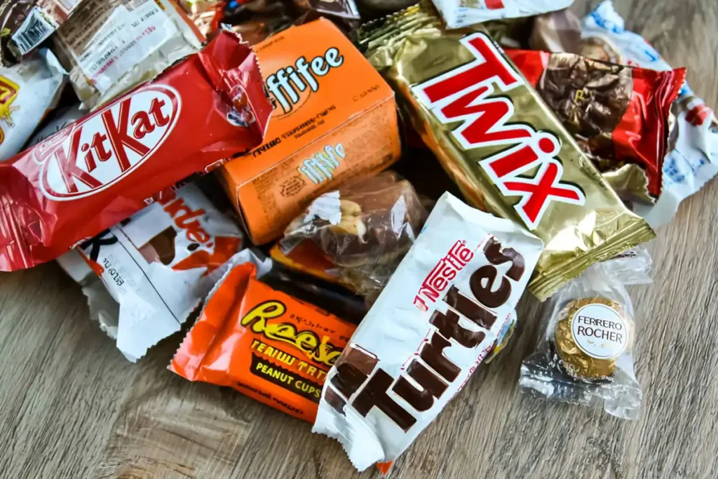 Chocolate Charcuterie Board ingredient planning with assorted chocolates, bars, and packaged sweets