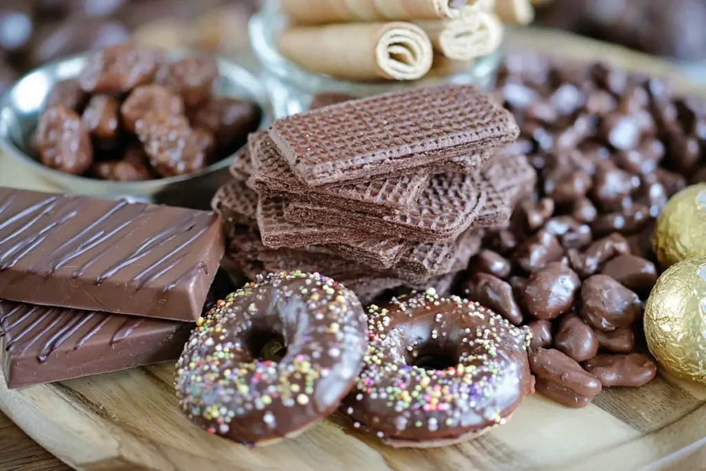 Chocolate Charcuterie Board showing odd-number groups of chocolate donuts, wafers, and almonds