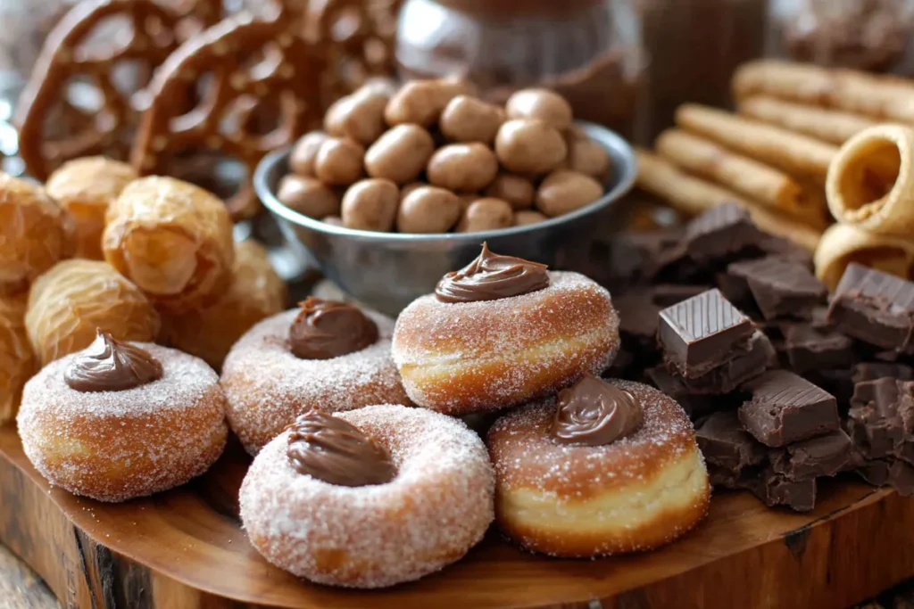 Chocolate Charcuterie Board outer border with mini donuts, chocolate almonds, pretzels, and cookies