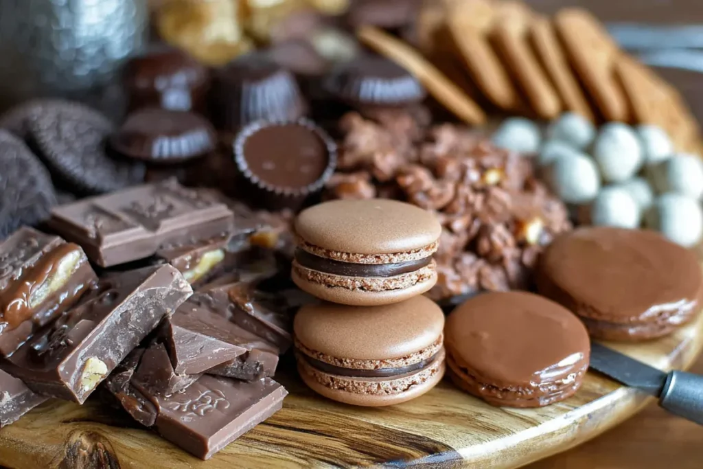 Chocolate Charcuterie Board with macarons, chocolate bars, wafer cookies, and layered sweets