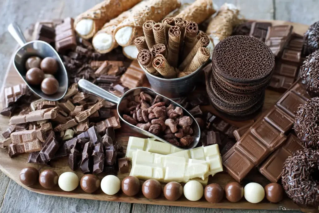 Chocolate Charcuterie Board with white chocolate, wafer cookies, chocolate almonds, donuts, and texture contrast