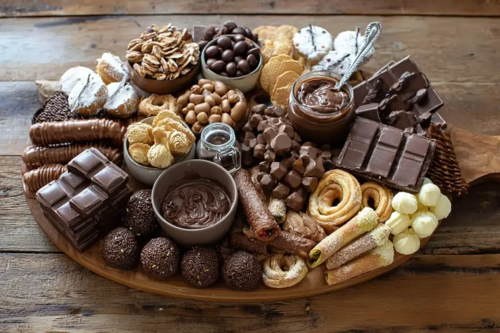 Chocolate Charcuterie Board with varied chocolates, cookies, wafer rolls, donuts, and almonds