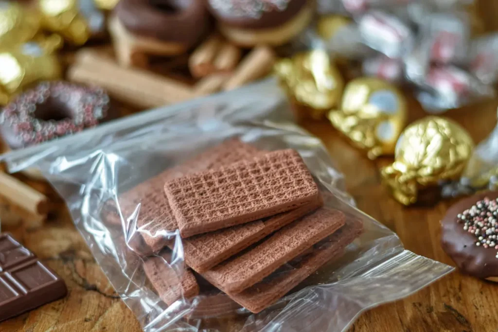 Chocolate Charcuterie Board assembly with pink wafer cookies and chocolate desserts in the background
