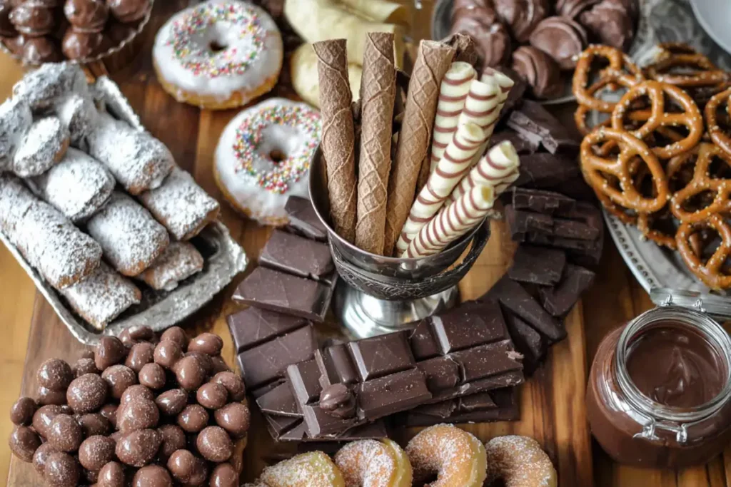 Chocolate Charcuterie Board with upright wafer rolls adding height in the center