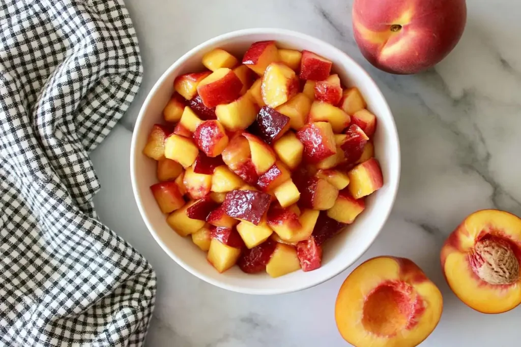 Nectarine Jam Without Pectin (With Canning and Storage Tips) 11 Chopped unpeeled nectarines for Nectarine Jam in a white bowl on a marble counter