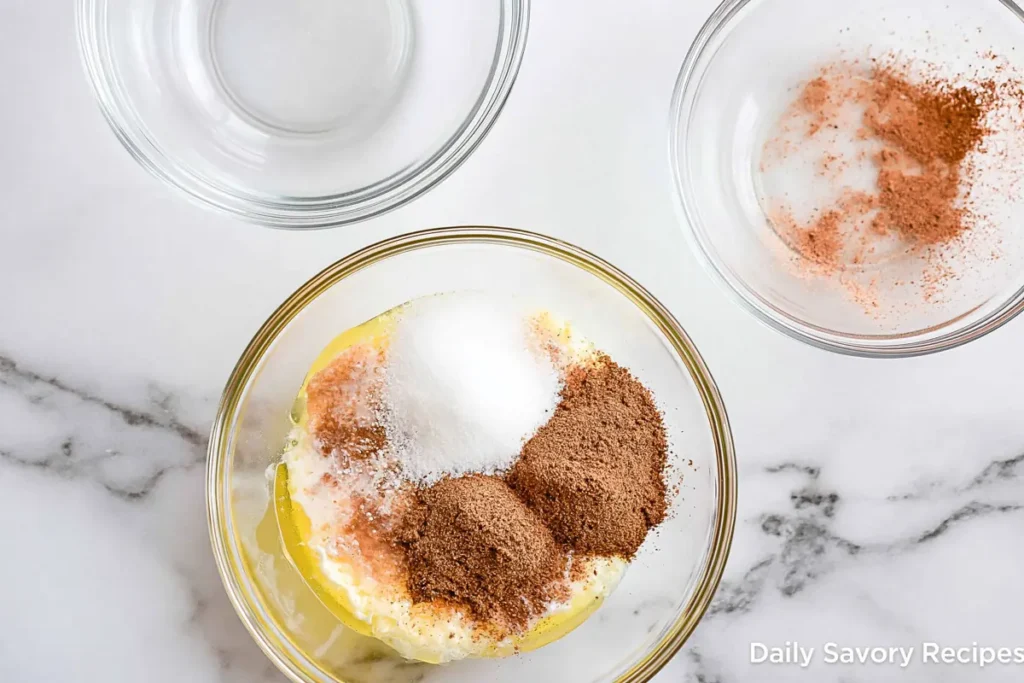 Cinnamon butter mixture for Grilled Peaches in a glass bowl with sugar and melted butter