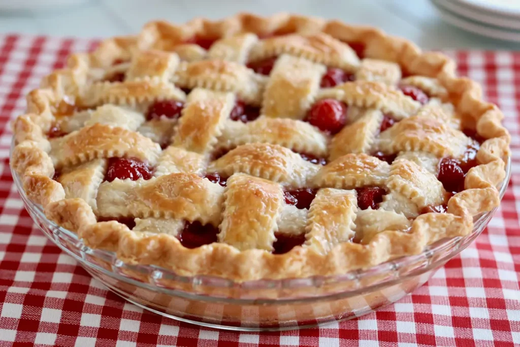 Classic Cherry Pie With a Golden Crust and Thick Filling 4 Classic Cherry Pie cooling in a glass pie plate with golden lattice crust and thick cherry filling