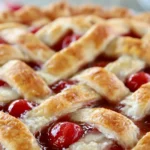 Classic Cherry Pie recipe with a golden lattice crust and glossy cherry filling in a cozy kitchen