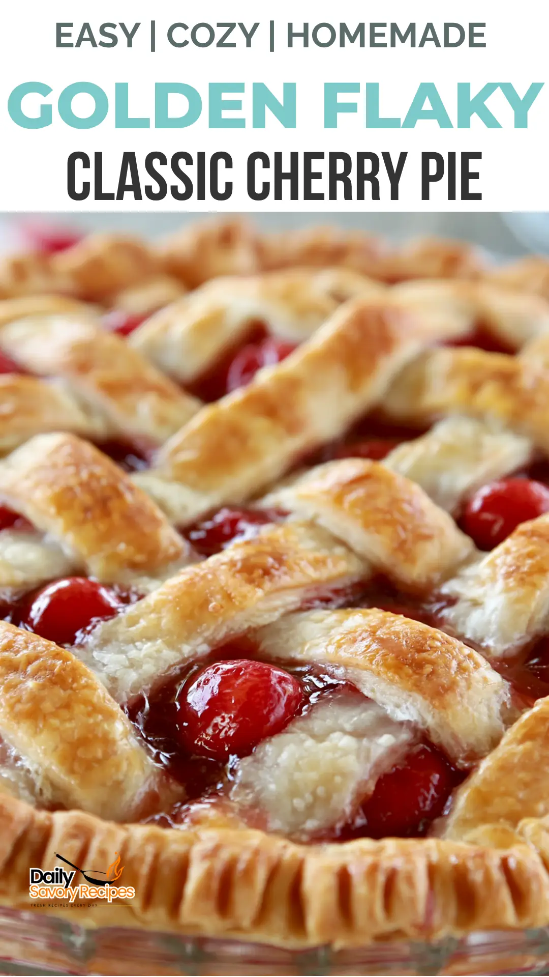 Classic Cherry Pie recipe with a golden lattice crust and glossy cherry filling in a cozy kitchen