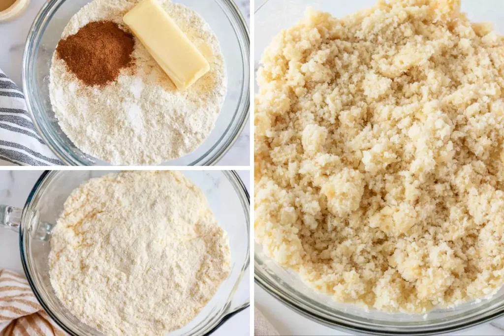 Cobbler crumble topping mixed in a bowl for The Girl Inspired Peach Cobbler Cheesecake